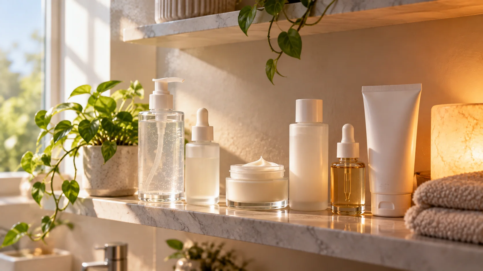Skincare shelf split between soft morning daylight and warm evening lamp light
