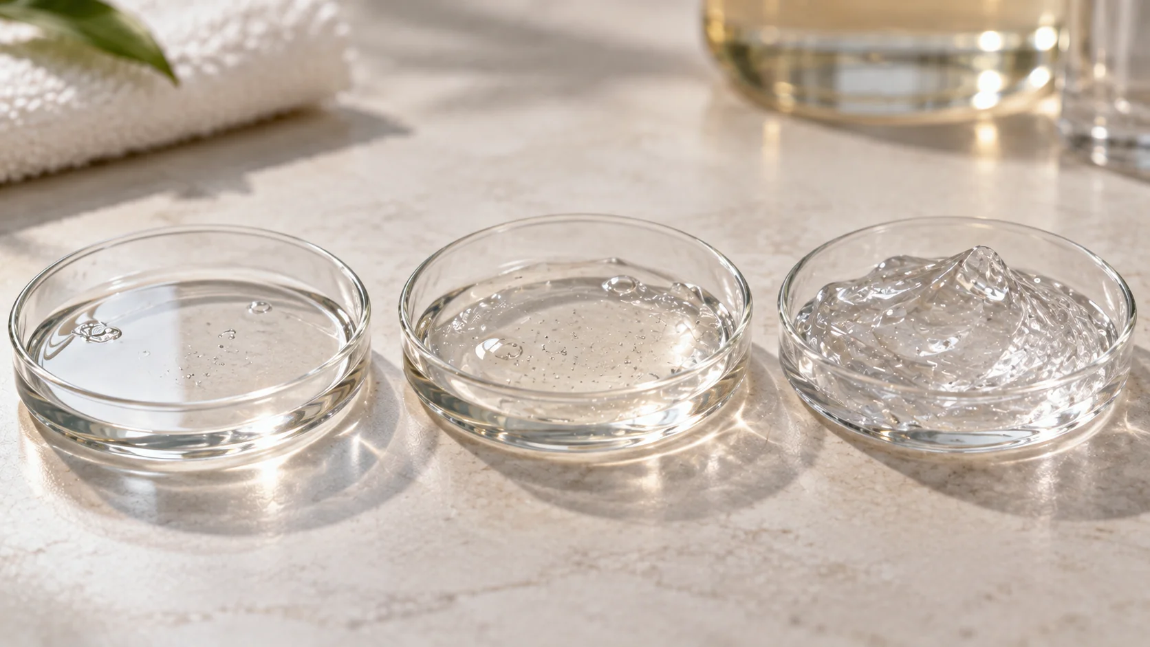 Several different hyaluronic acid serum textures shown side by side in plain containers