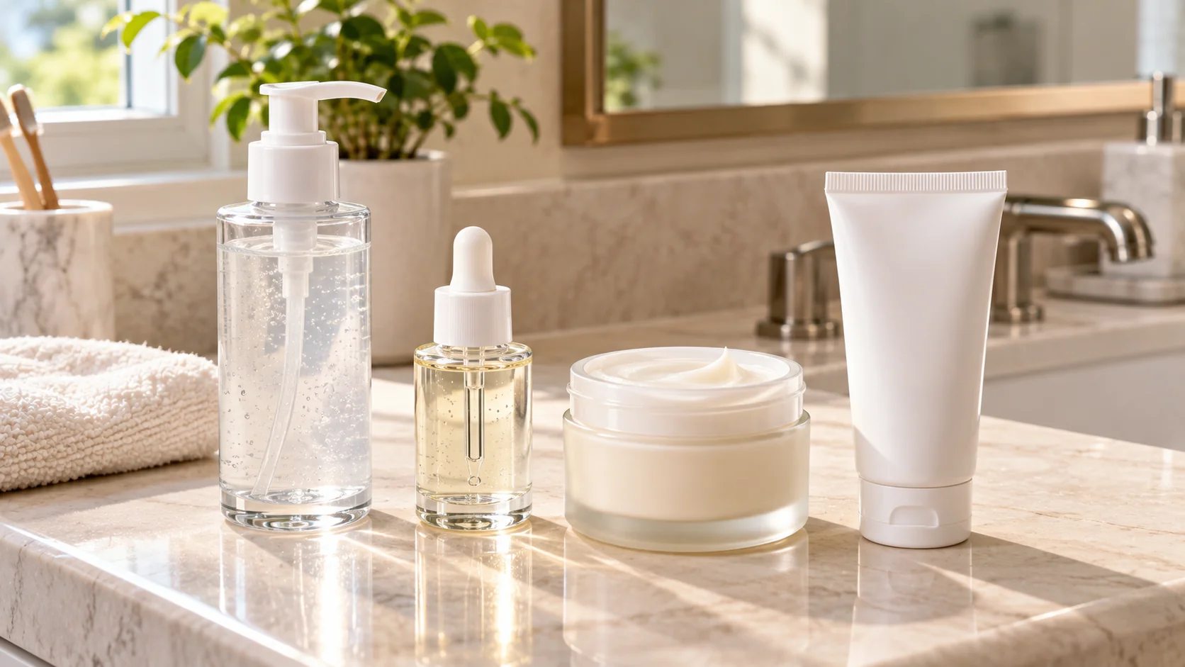 Skincare bottles lined up in sequential order on a bathroom counter, representing a layering routine