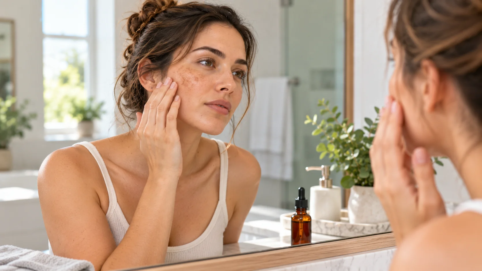 Woman examining visible hyperpigmentation and uneven tone on her cheek in a bathroom mirror
