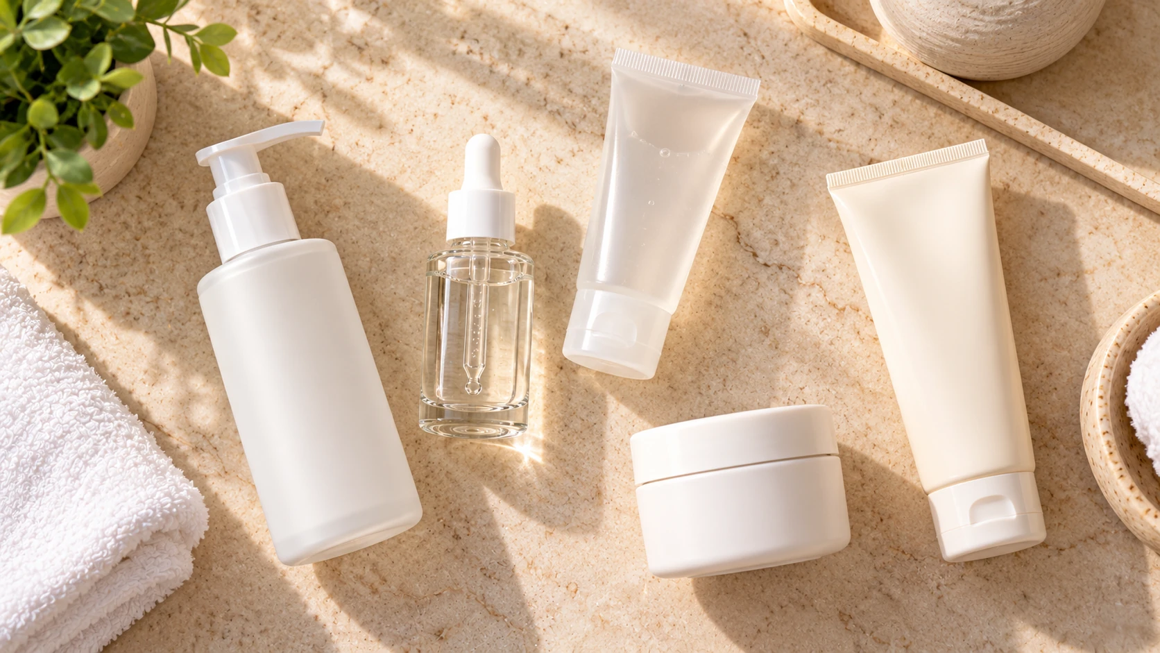 Flat lay of several unbranded skincare products arranged for a layered routine