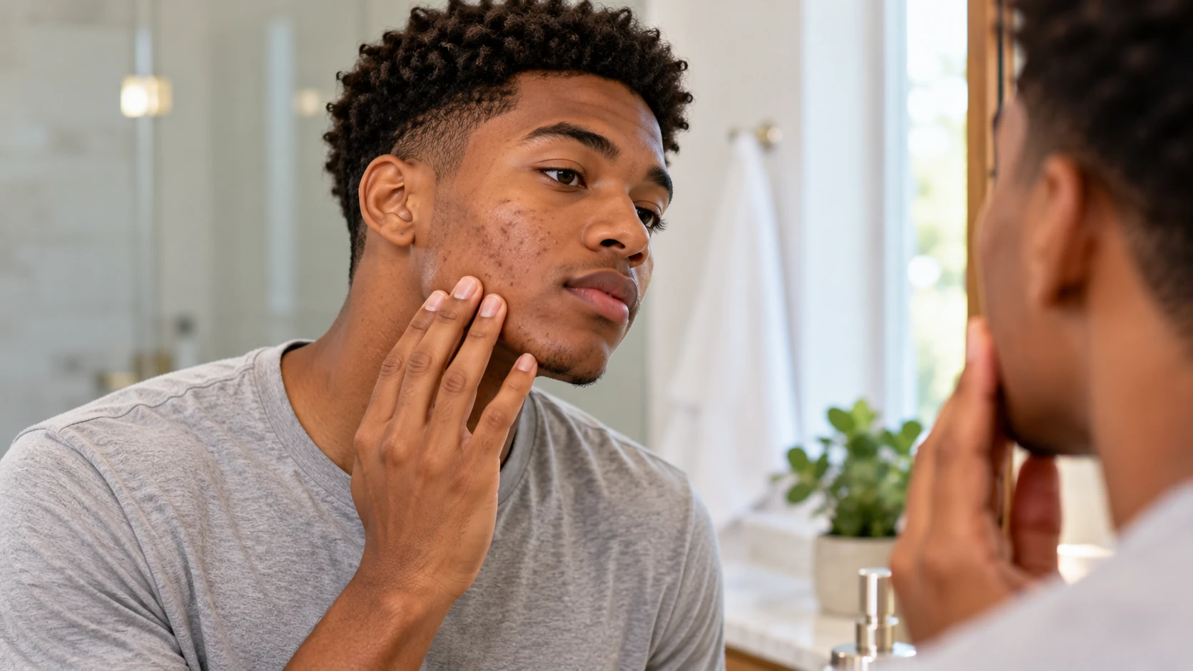 Young man with mild acne-prone skin looking at his reflection in a bathroom mirror