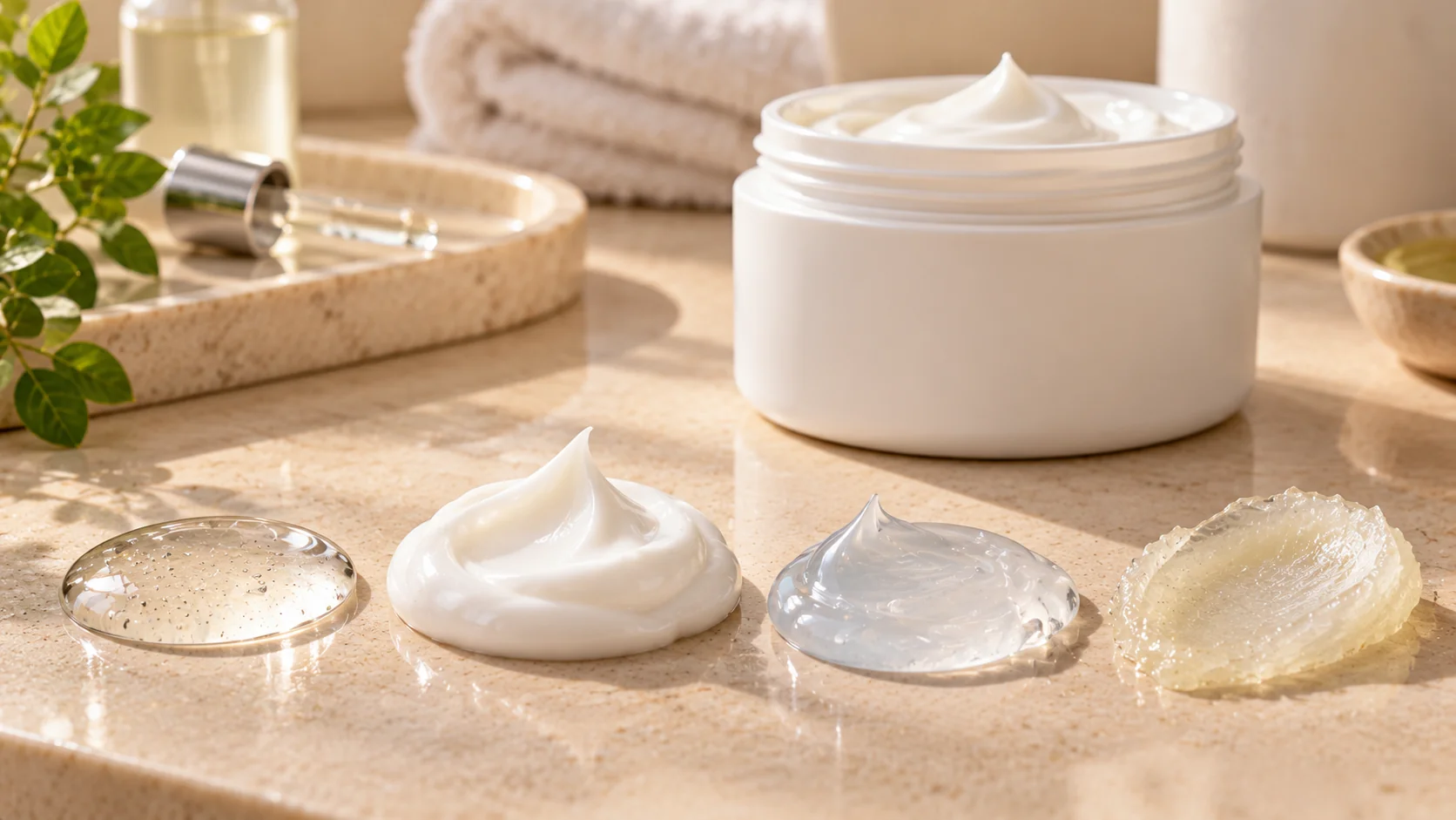 Serum, cream, gel and balm textures illustrating moisturizing ingredients