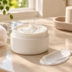 Rich white moisturizing cream in an unbranded jar on a bathroom vanity
