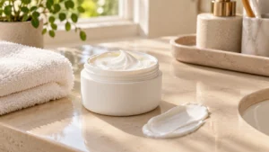 Rich white moisturizing cream in an unbranded jar on a bathroom vanity