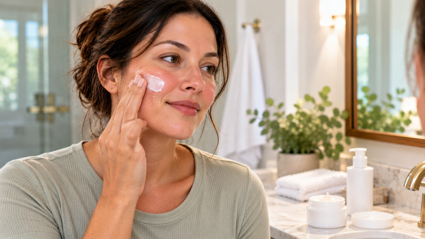 Woman applying sunscreen as part of her morning skincare routine by a sunlit window