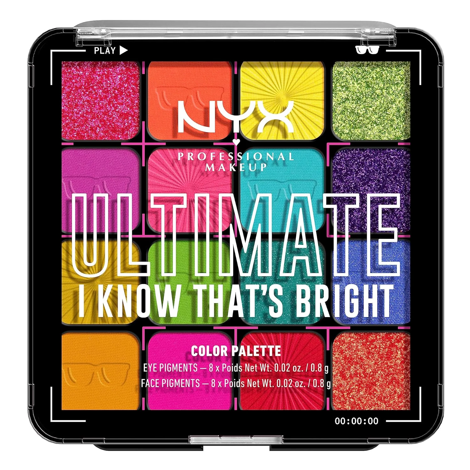 NYX Ultimate Shadow Palette in the I Know That's Bright colorway, a 16-pan bright eyeshadow palette