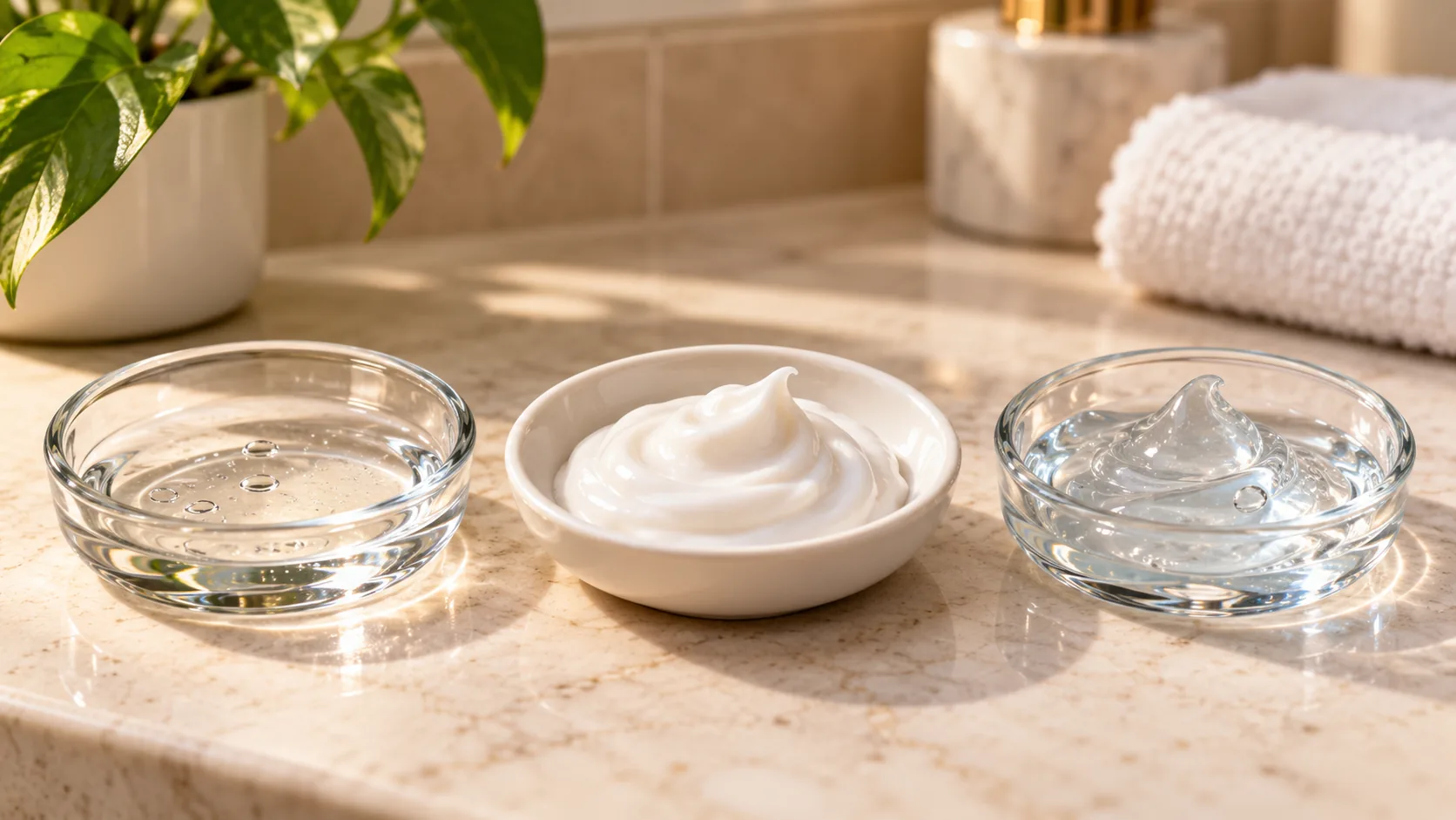 Three bowls comparing an oil-free lotion, a cream, and a gel moisturizer texture side by side