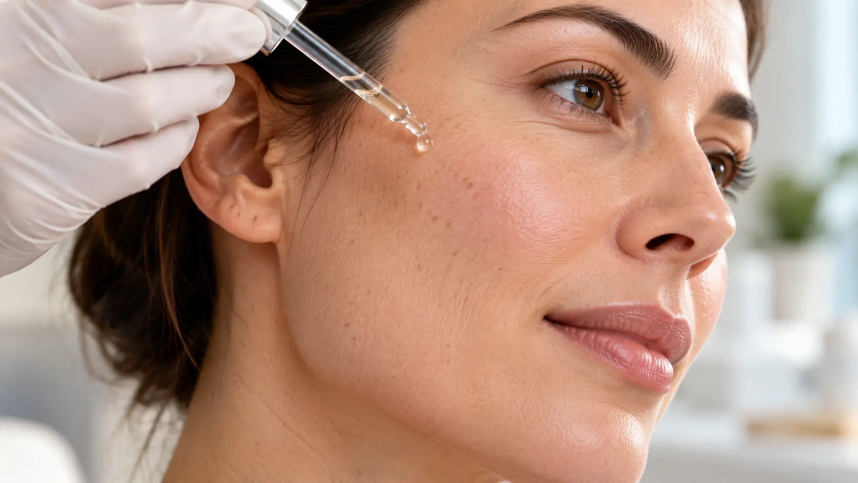 Gloved hand applying a peptide serum dropper near a woman's hairline