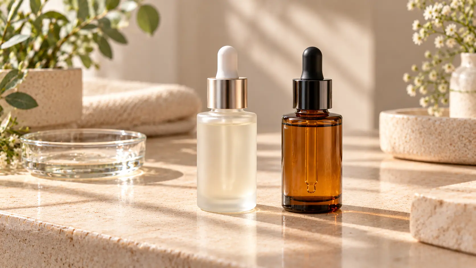 Two glass dropper bottles of peptide serum side by side