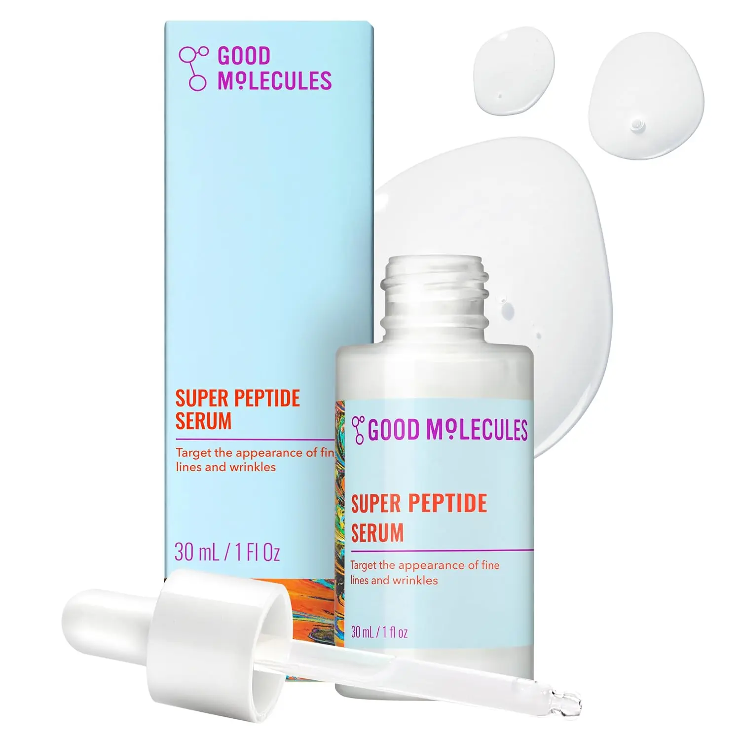 Good Molecules Super Peptide Serum bottle and box, with its texture shown