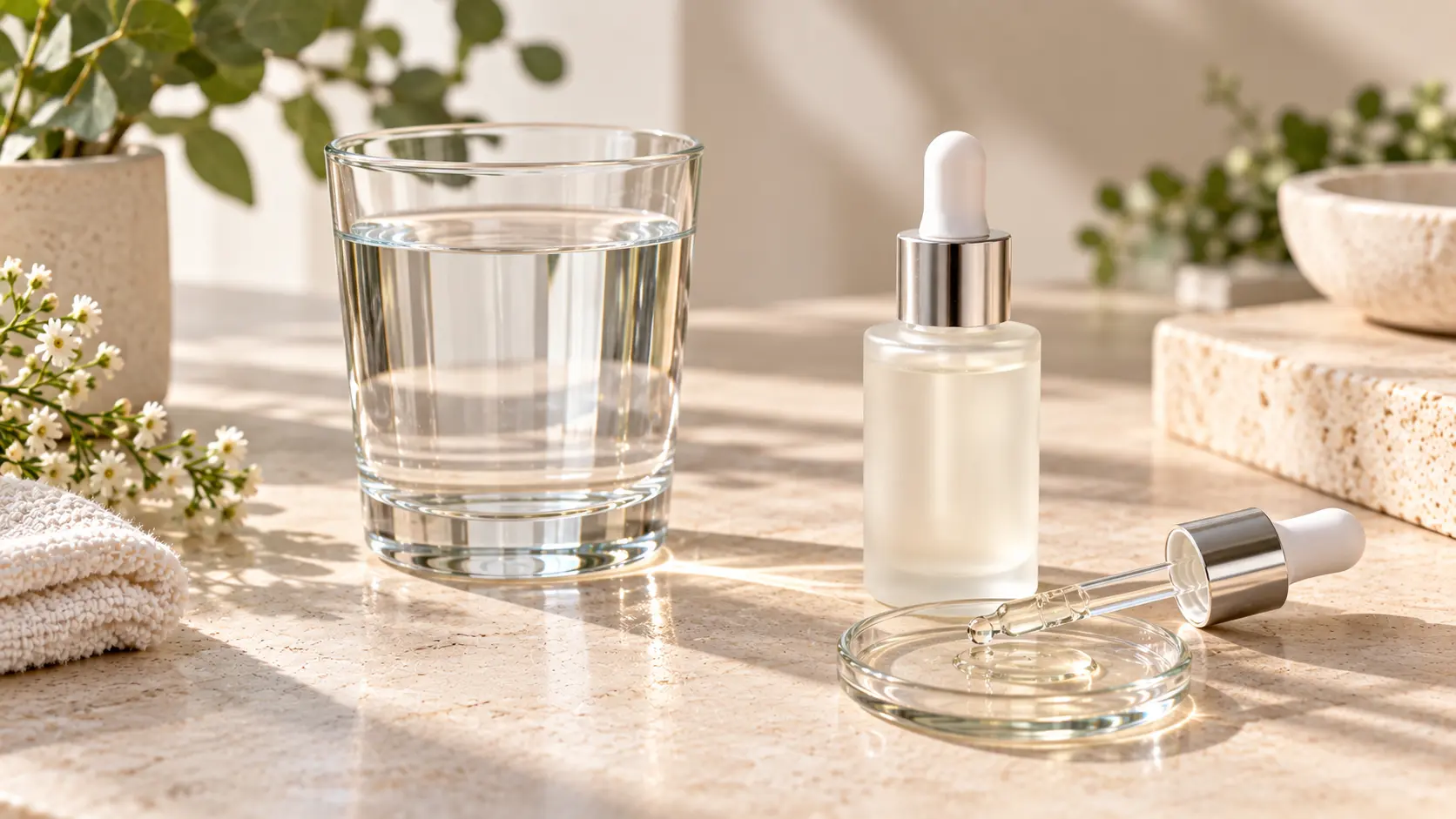Peptide serum dropper beside a glass of water on a bathroom counter
