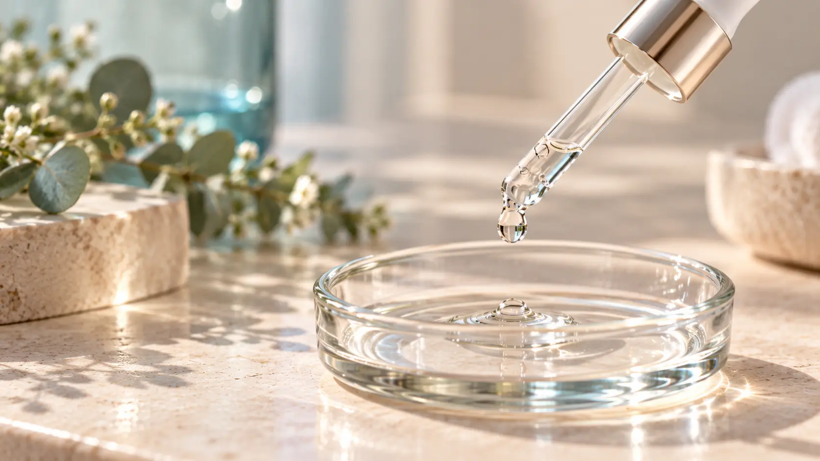 Dropper releasing a drop of peptide serum into a glass dish