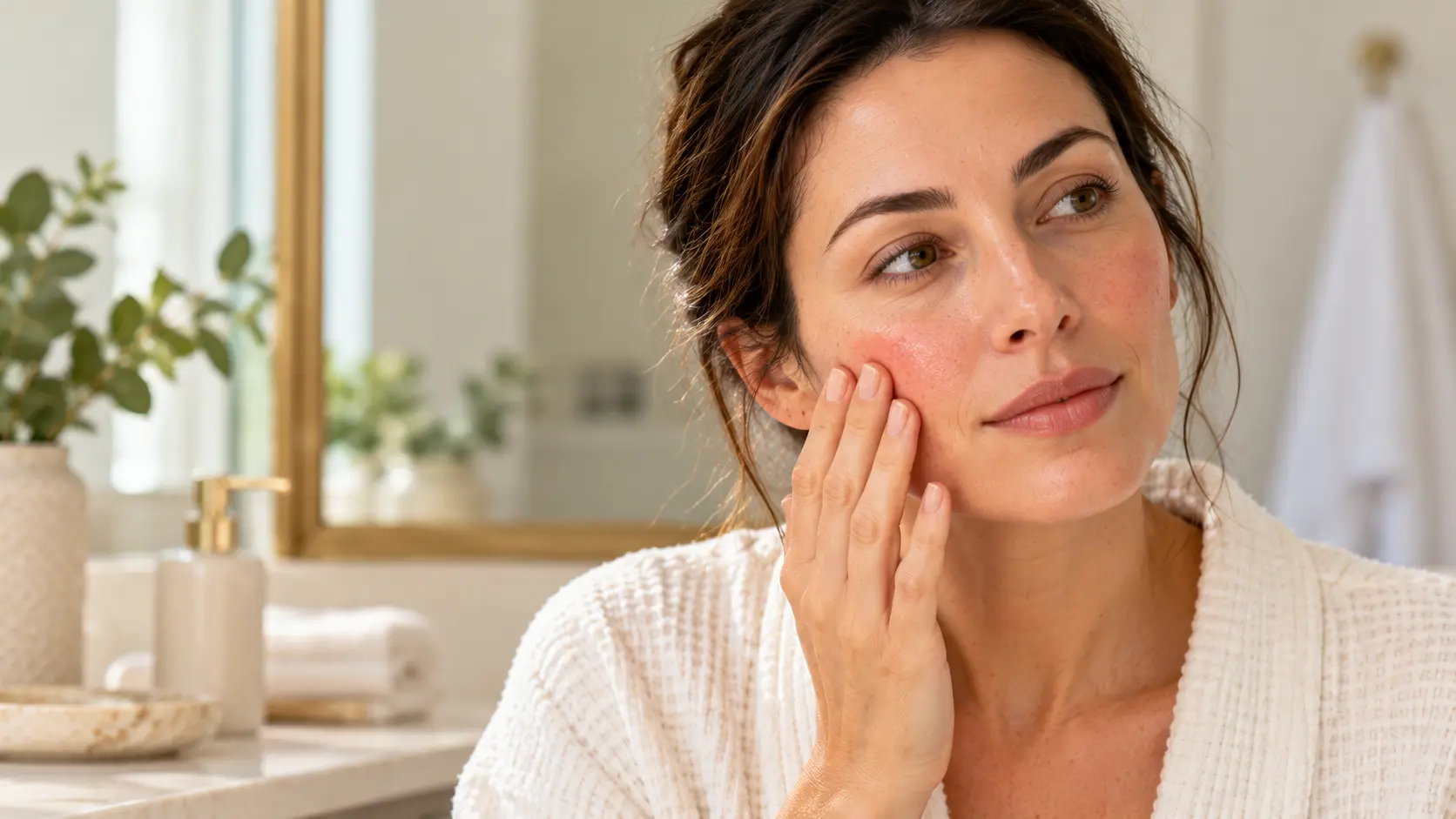 Woman with visibly red, sensitive-looking skin gently touching her cheek