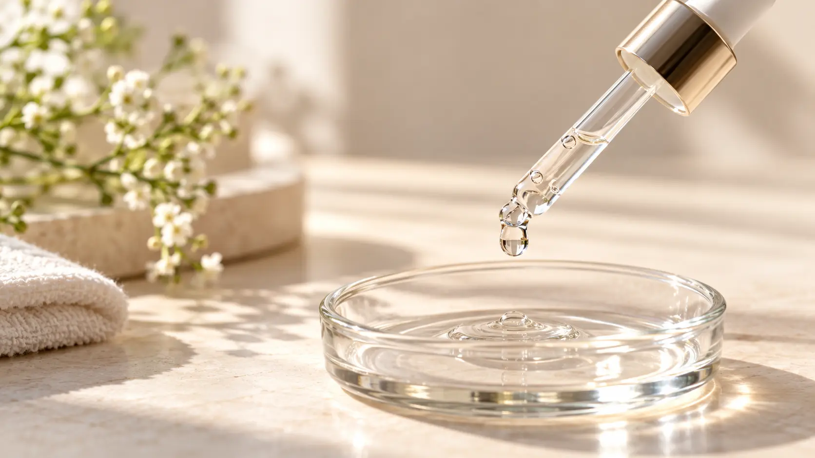 Close-up of a single drop of peptide serum falling from a dropper