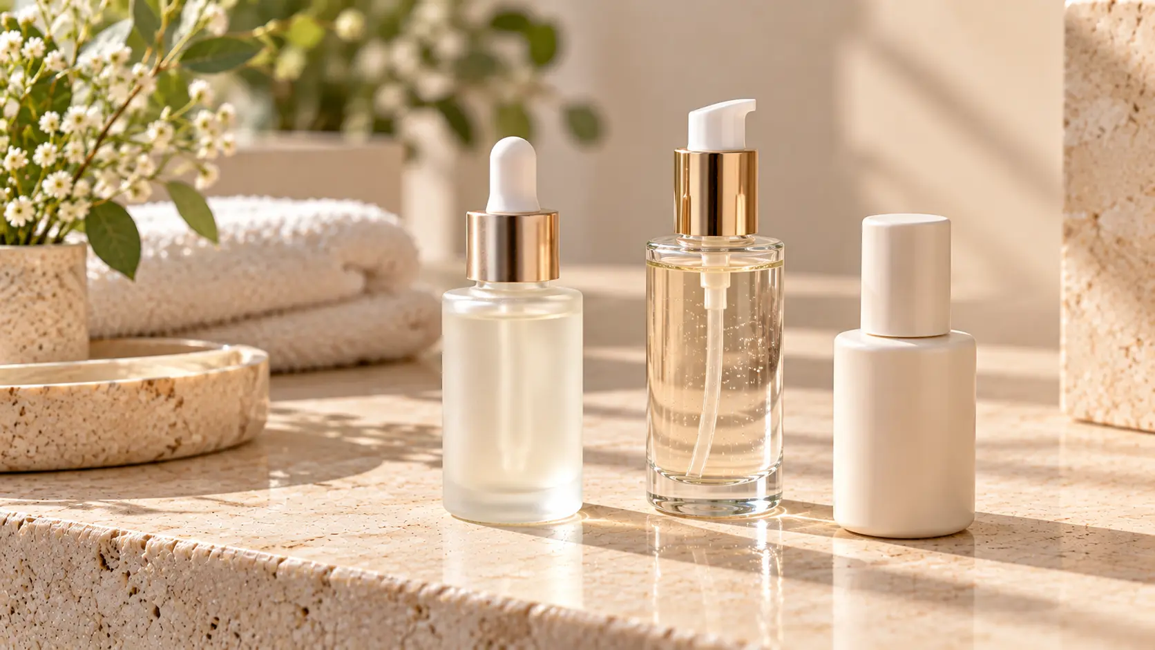 Two amber and clear glass dropper bottles of peptide serum on a marble counter