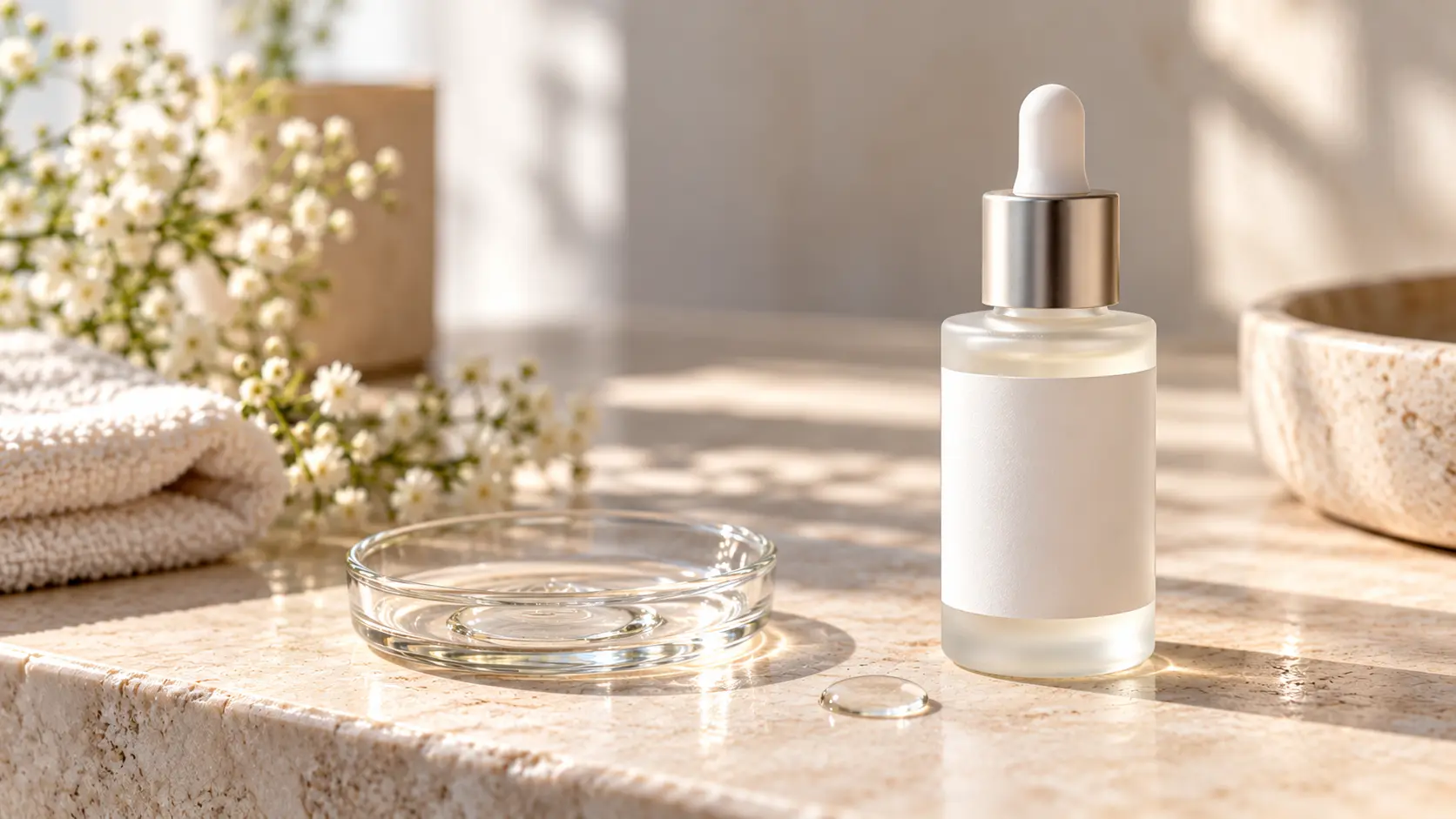 Unbranded white dropper bottle of peptide serum next to a glass dish