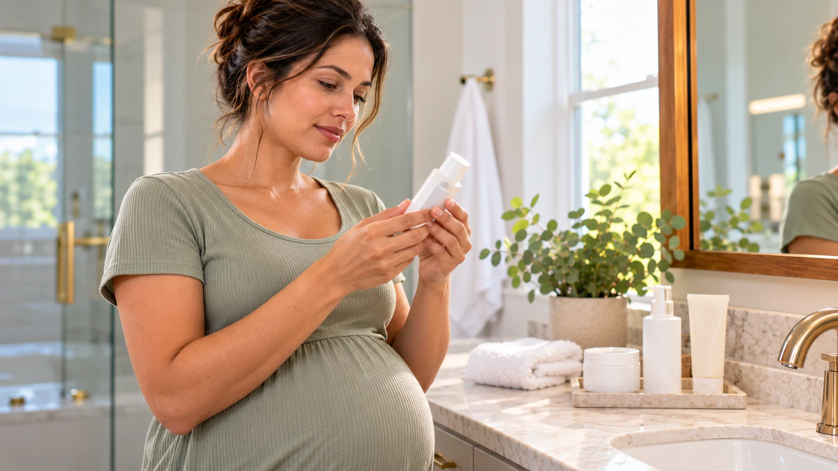 Visibly pregnant woman reviewing the directions on an unbranded skincare product before deciding whether to use it