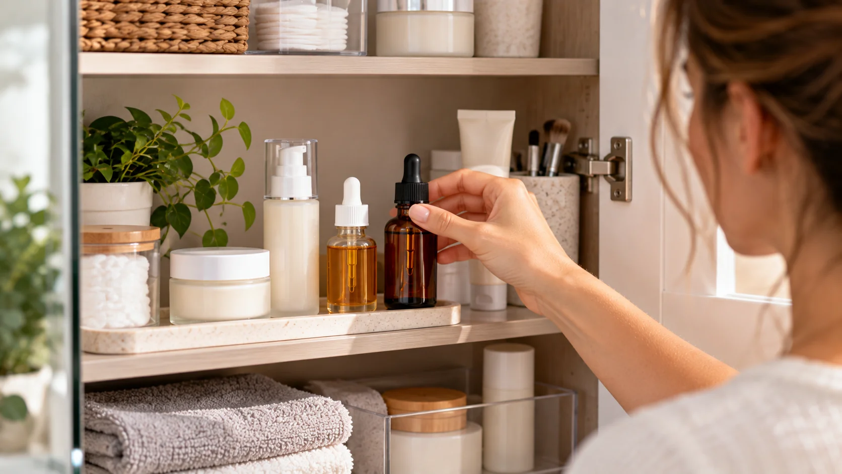 Woman reaching for a dropper bottle of vitamin C serum on a bathroom shelf among other skincare products