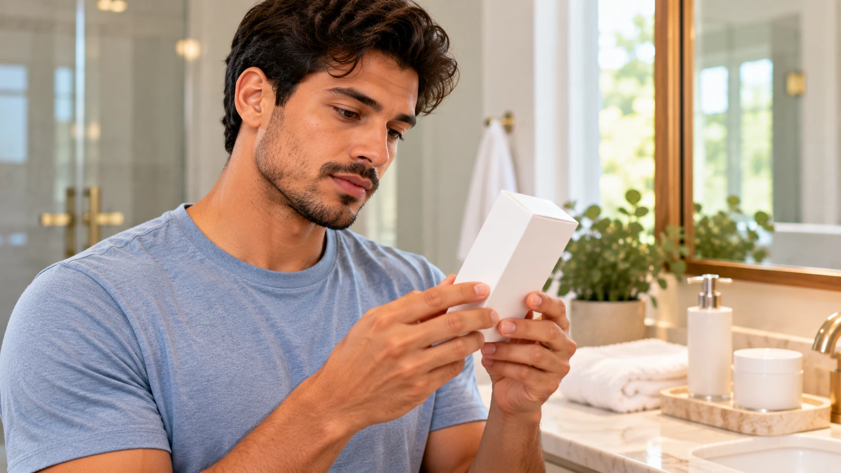 Man reading the usage directions on an unbranded skincare product box