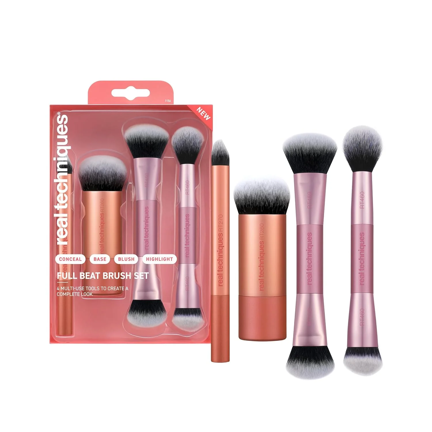 Real Techniques Full Beat Brush Set with four double-ended makeup brushes