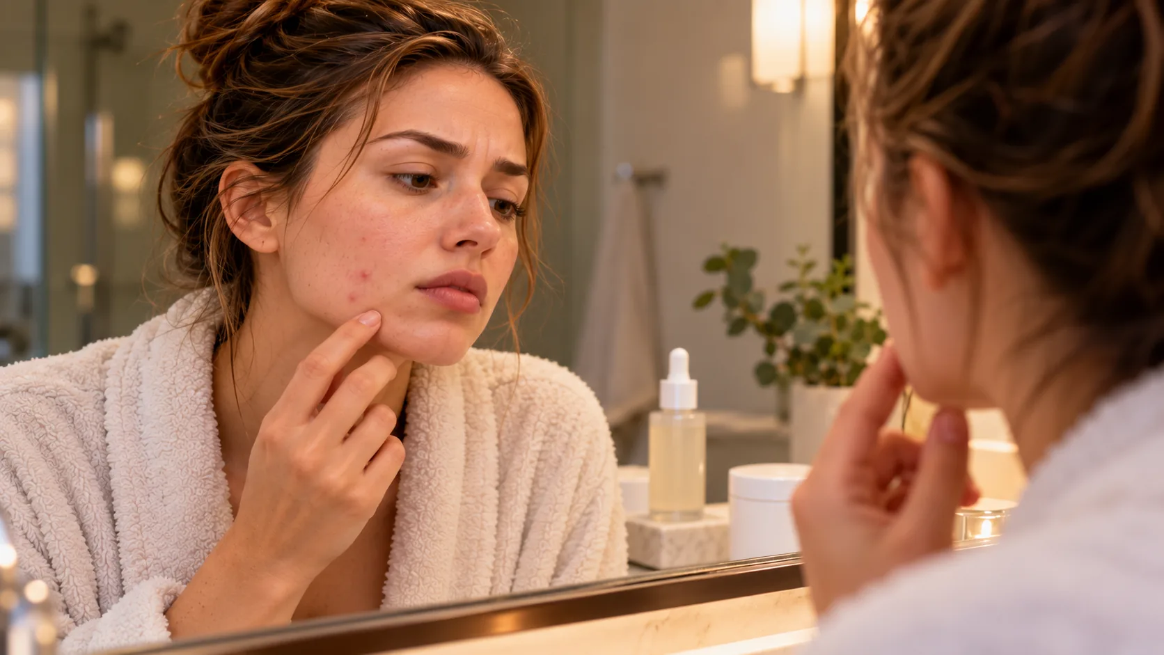 Woman looking closely at a blemish on her cheek in the mirror
