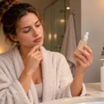 Woman thoughtfully looking at a skincare serum bottle during her evening routine