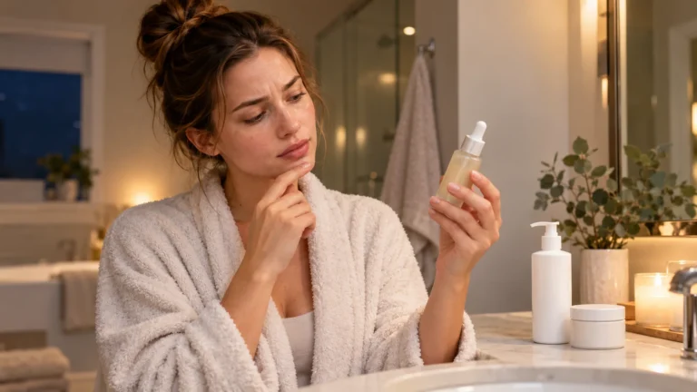 Woman thoughtfully looking at a skincare serum bottle during her evening routine