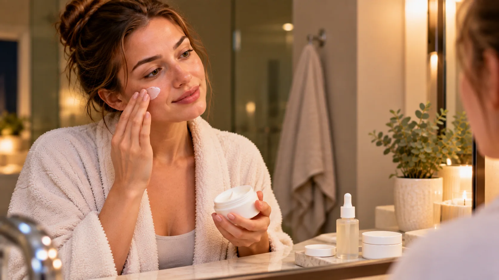 Woman applying moisturizer from a jar with a serum bottle on the counter beside her