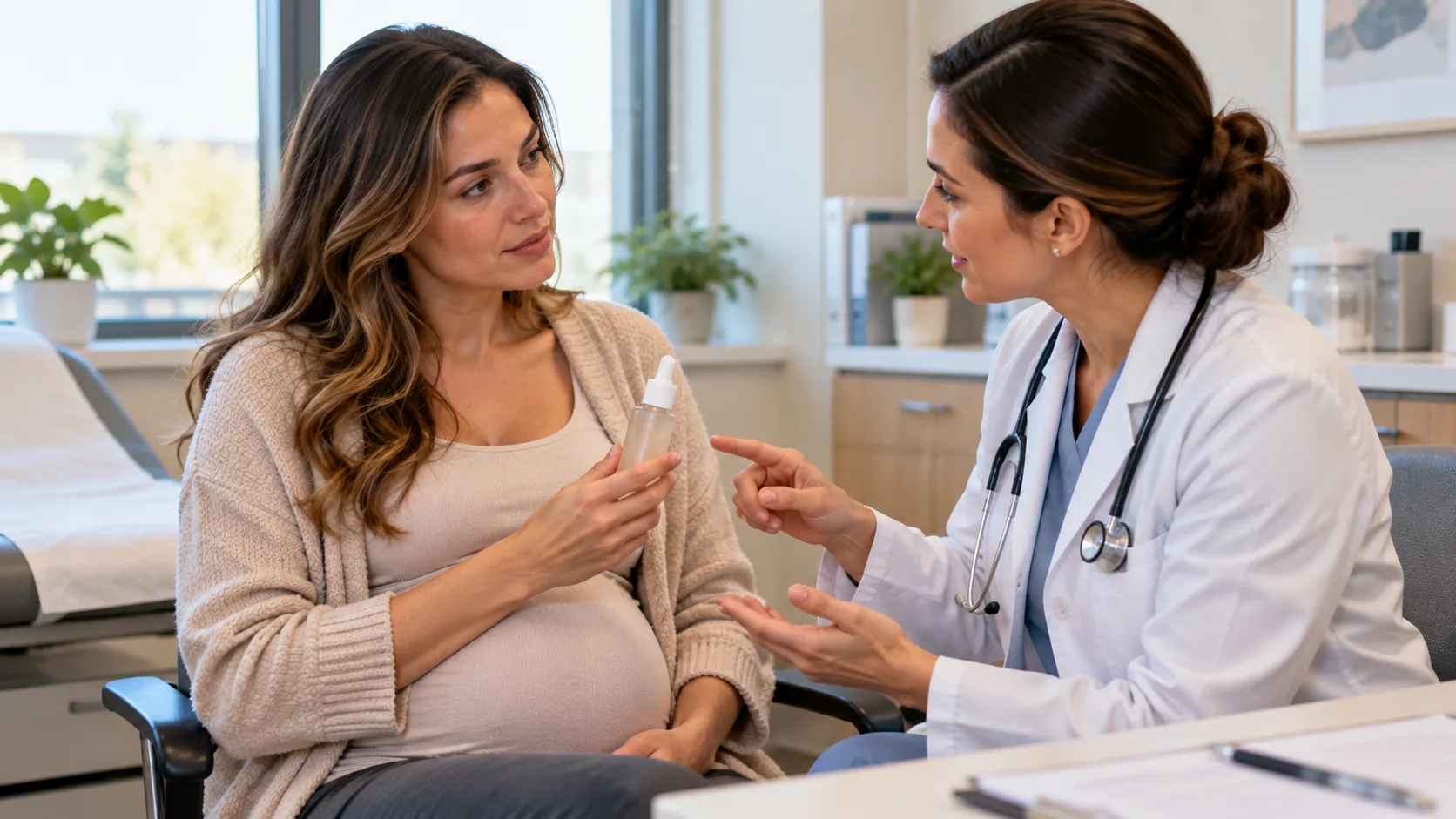 Pregnant woman discussing a skincare product with her doctor