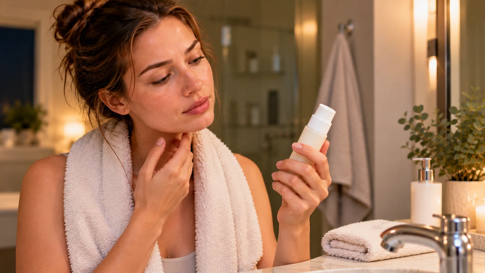 Woman with a towel around her neck holding a pump bottle before applying it