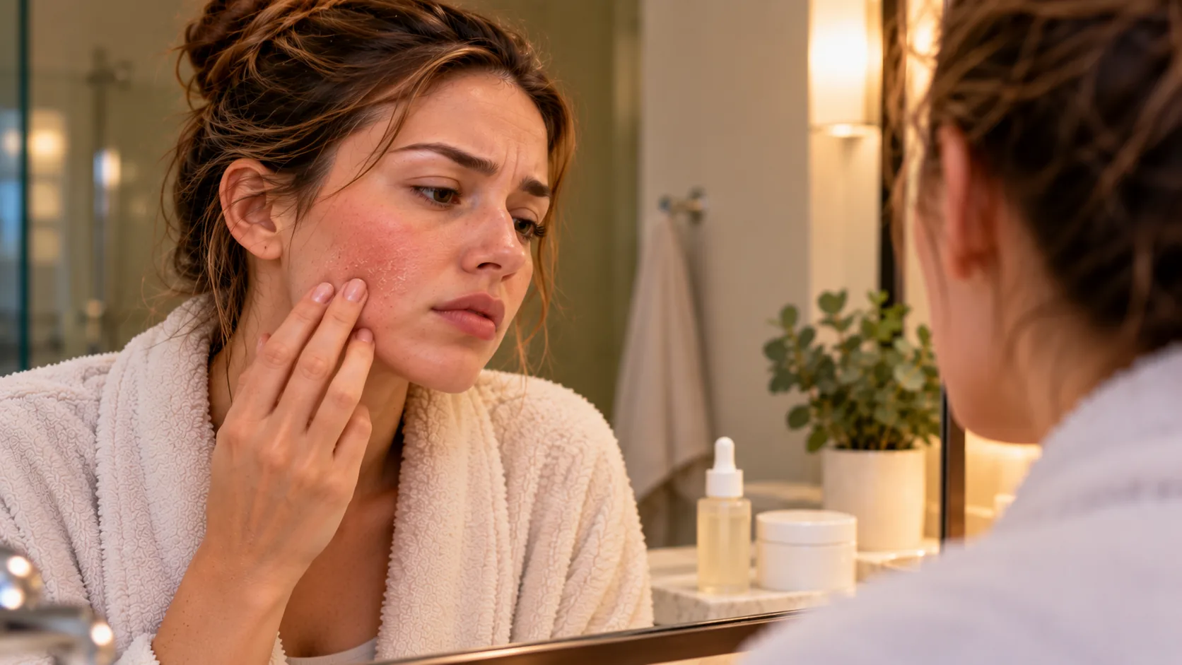Woman checking redness on her cheek in the mirror