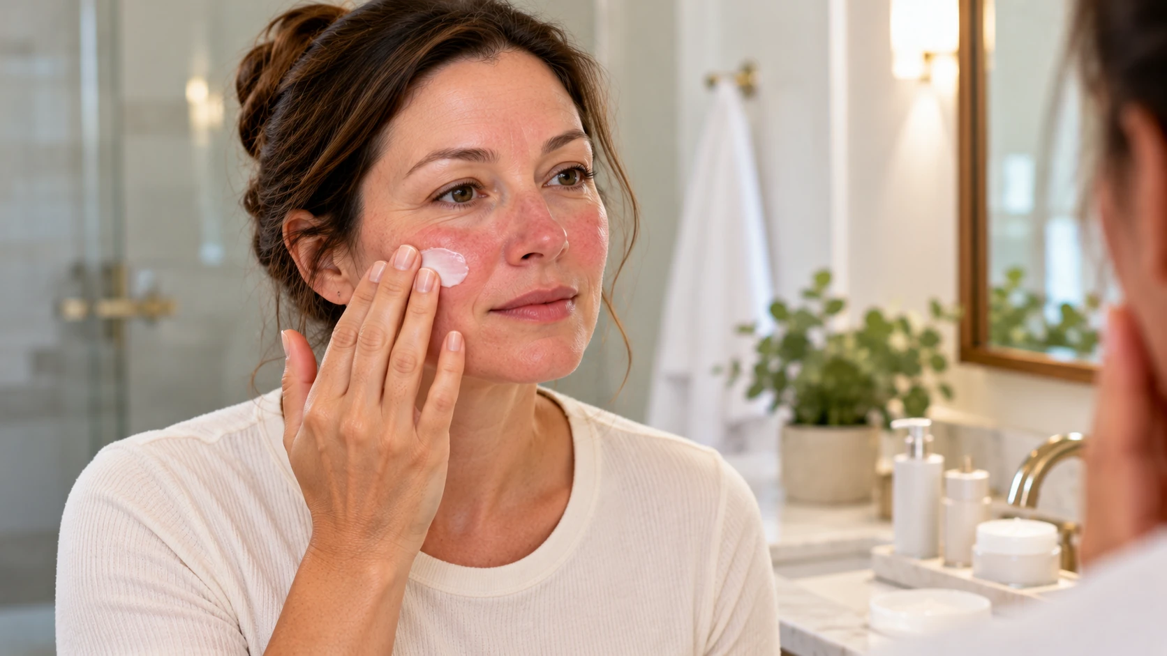 Woman with naturally redness-prone skin applying a small amount of cream to her cheek