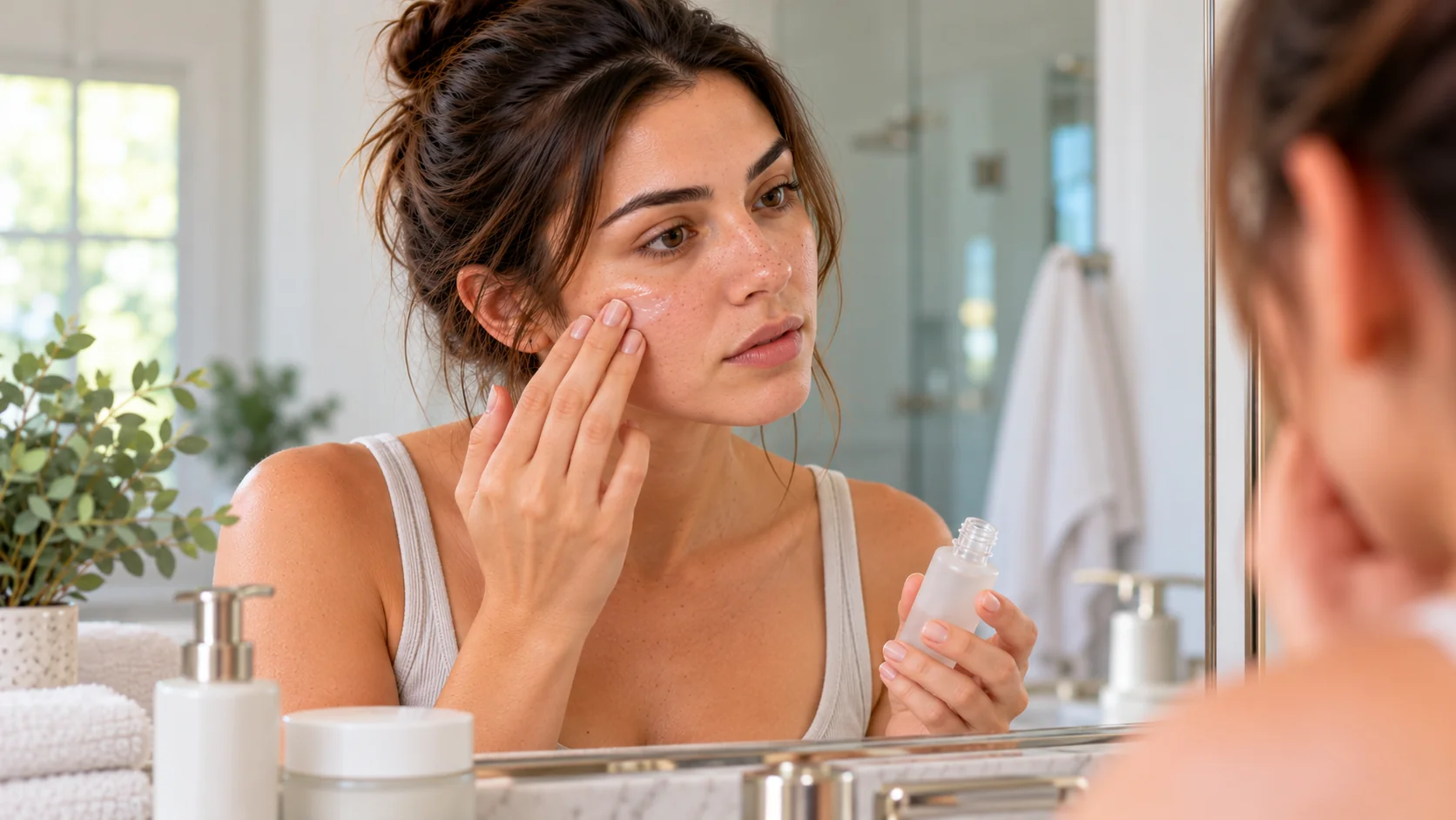 woman applying a liquid skincare product to her cheek in the mirror