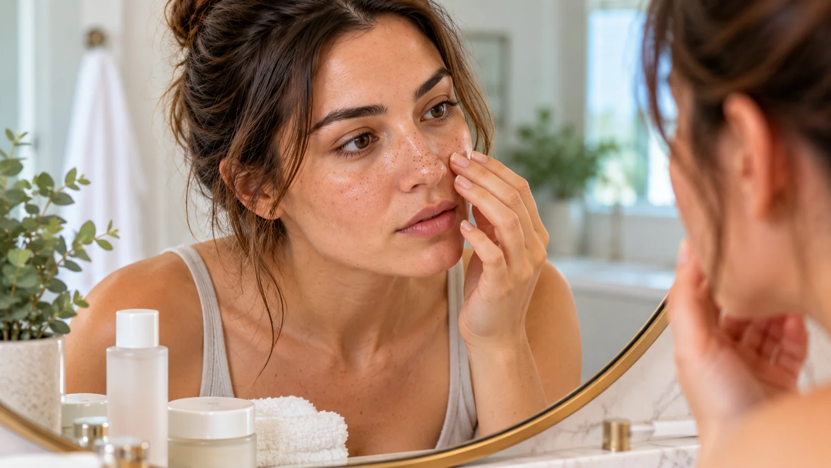 close-up of a woman checking her skin in a mirror
