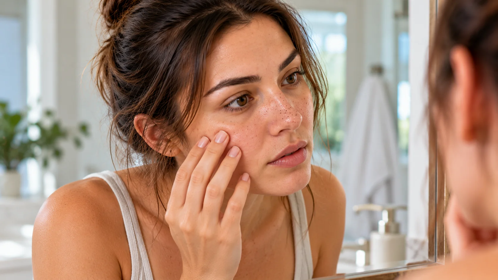close-up of a woman examining her skin in the mirror