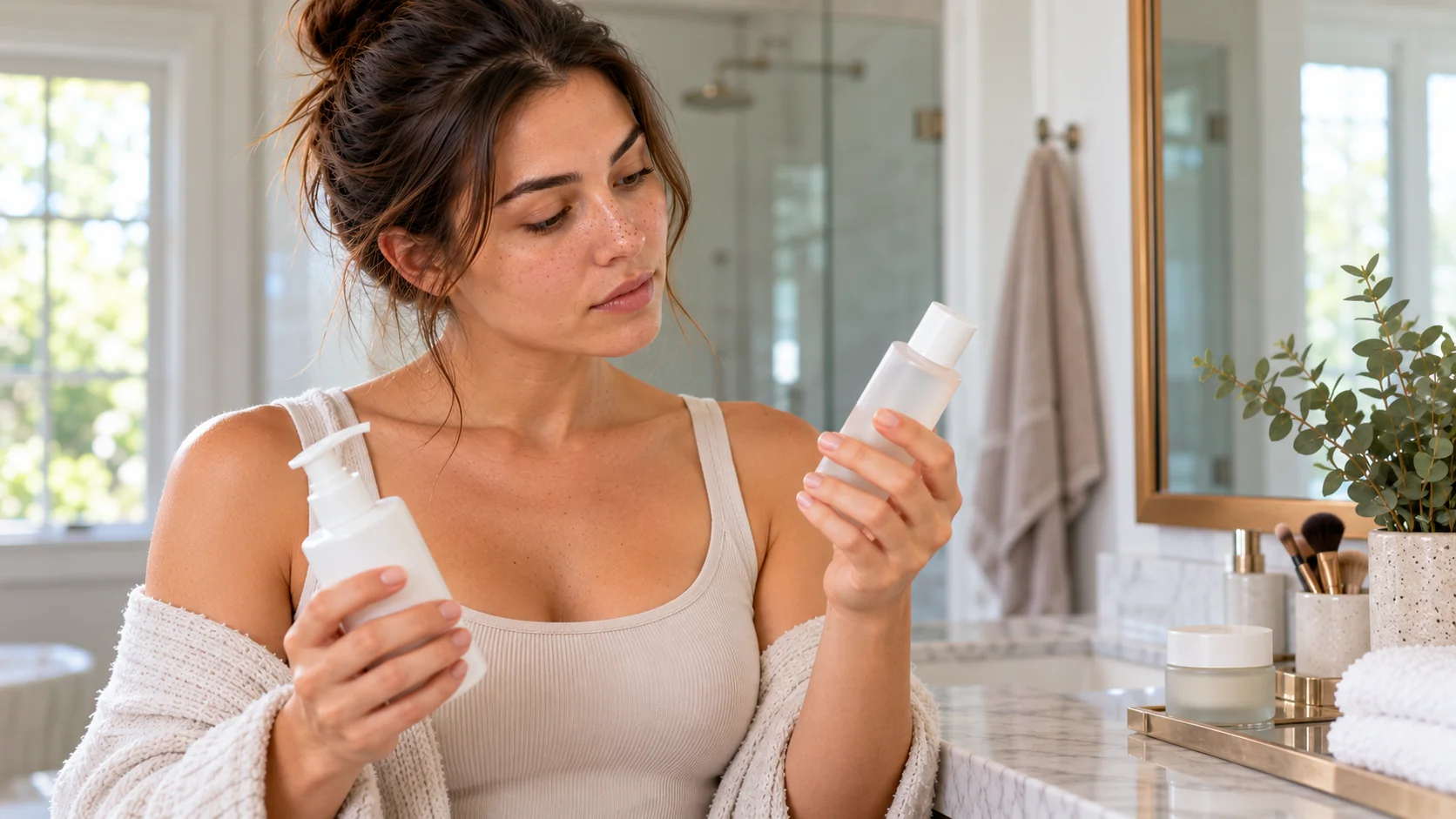 woman comparing two skincare bottles side by side
