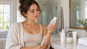 Woman reading the label on an unbranded skincare bottle in her bathroom