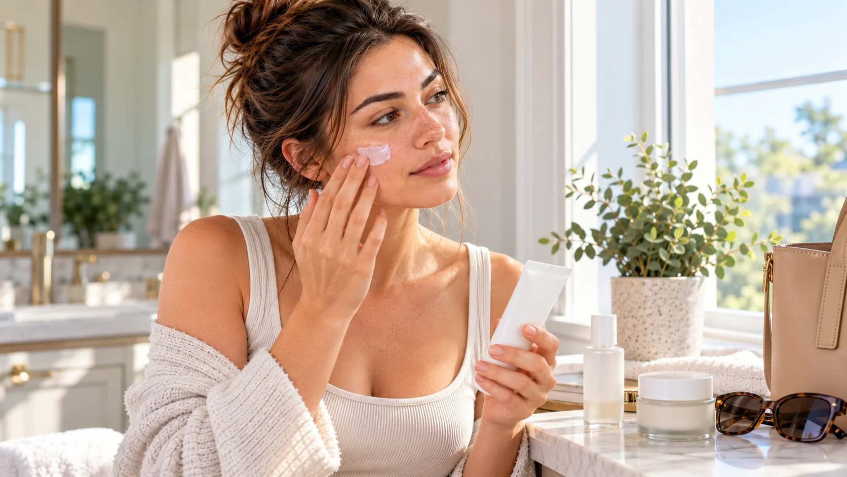 woman applying cream to her cheek near a window