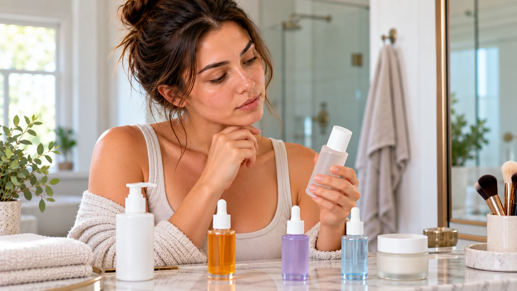 woman holding a skincare bottle next to several other dropper bottles and a jar on the counter