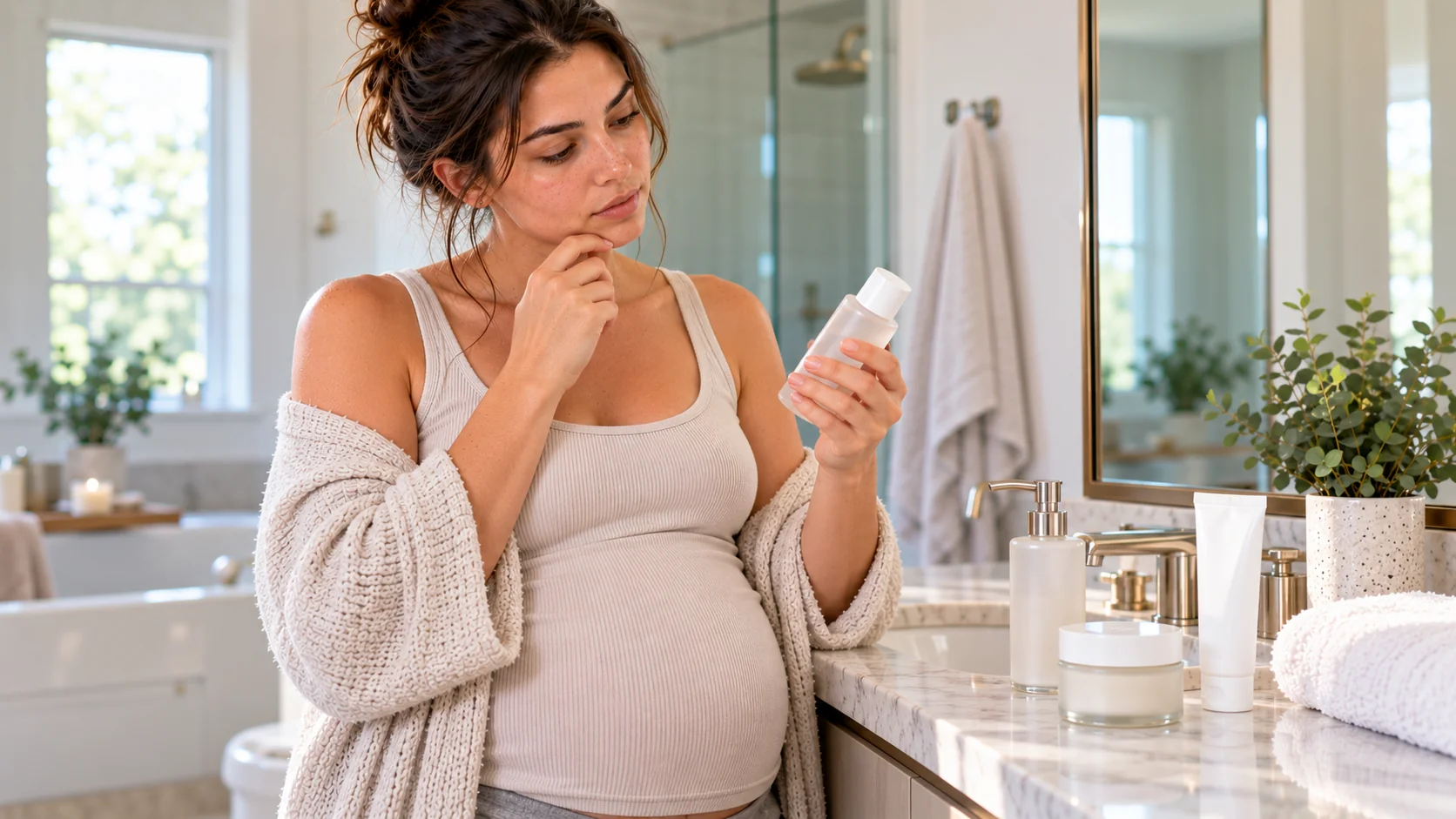 pregnant woman reading the label on a skincare bottle