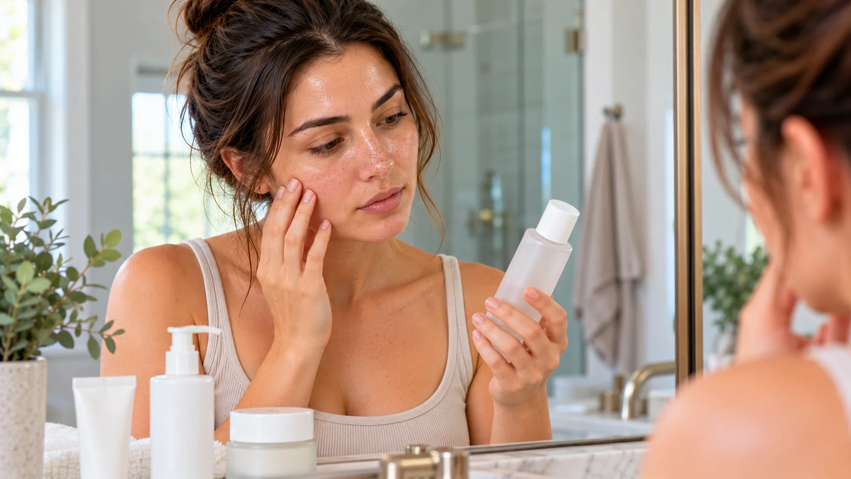 woman applying a skincare product in the mirror as part of a morning routine