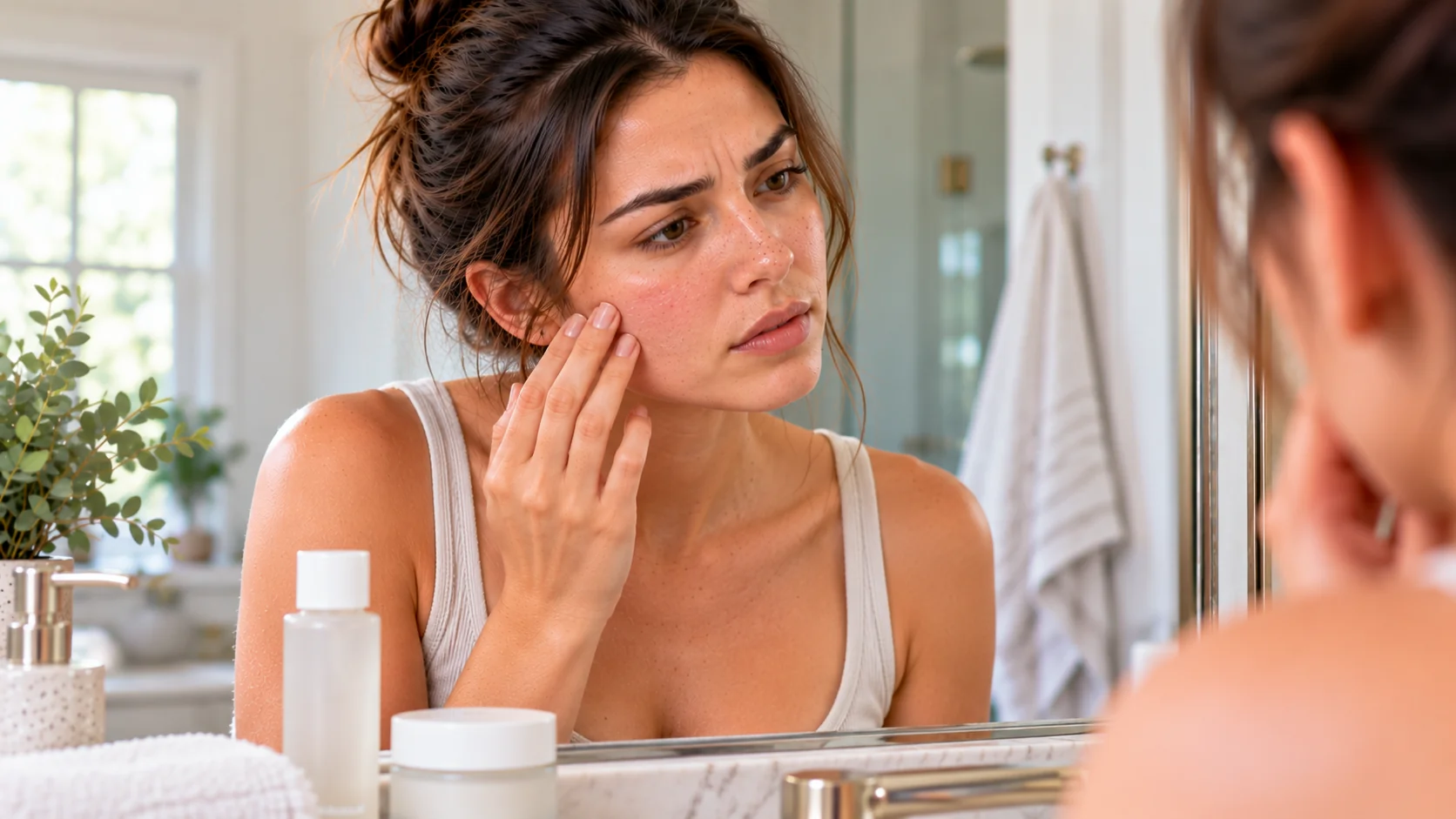 woman with a concerned expression checking her skin in the mirror
