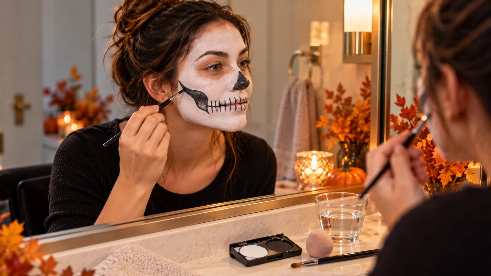 Adult with a skeleton face paint look partially completed at a mirror