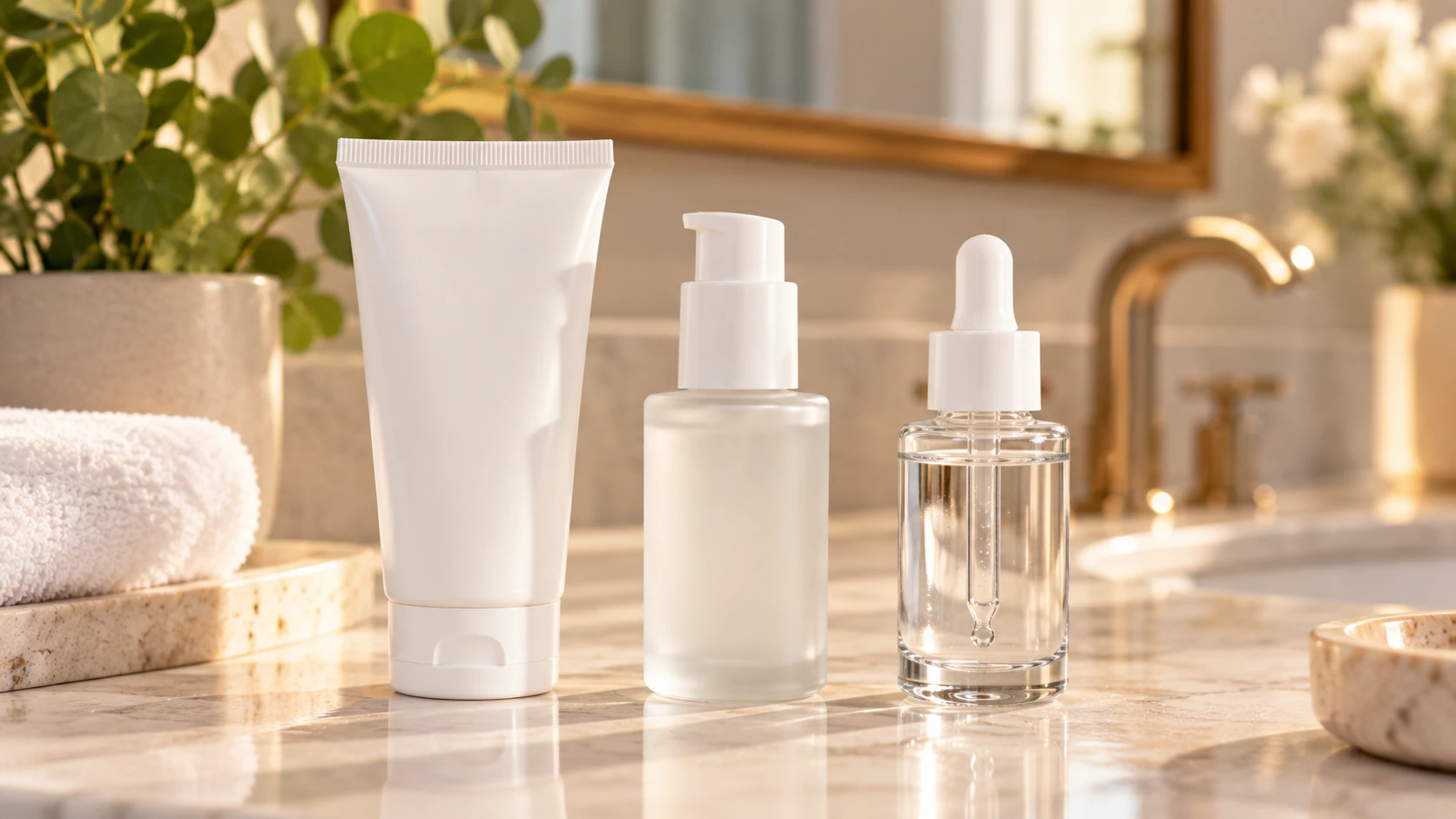 Three unbranded skincare containers in different formats — bottle, pump, and jar