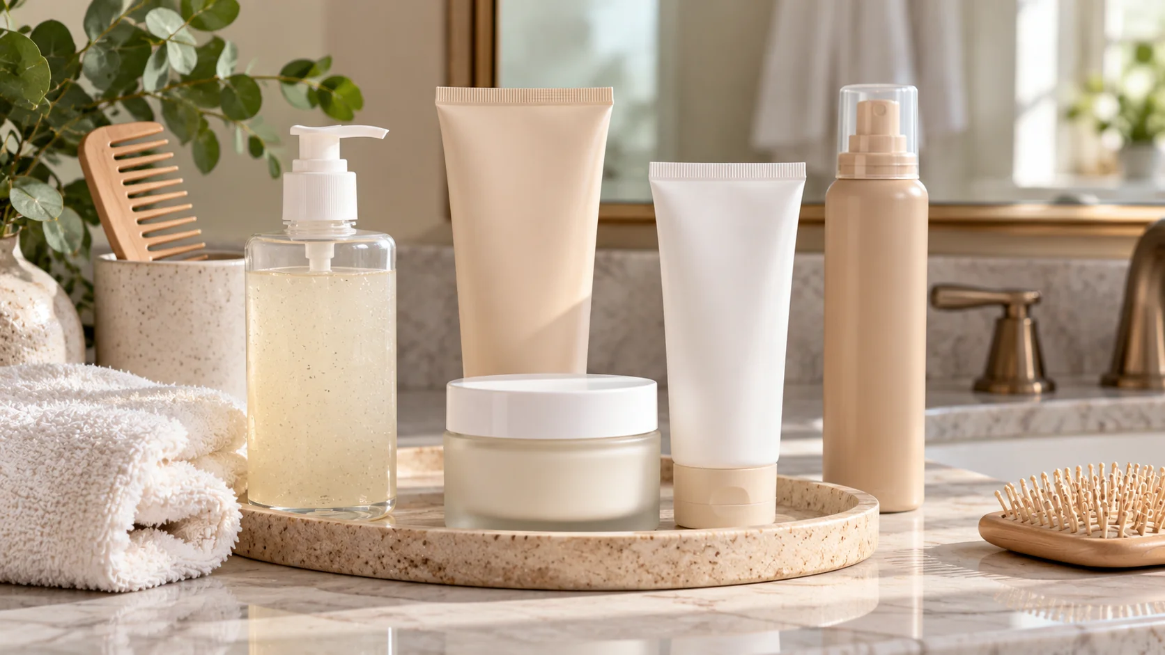 Unbranded skincare and hair-care products arranged on a bathroom counter