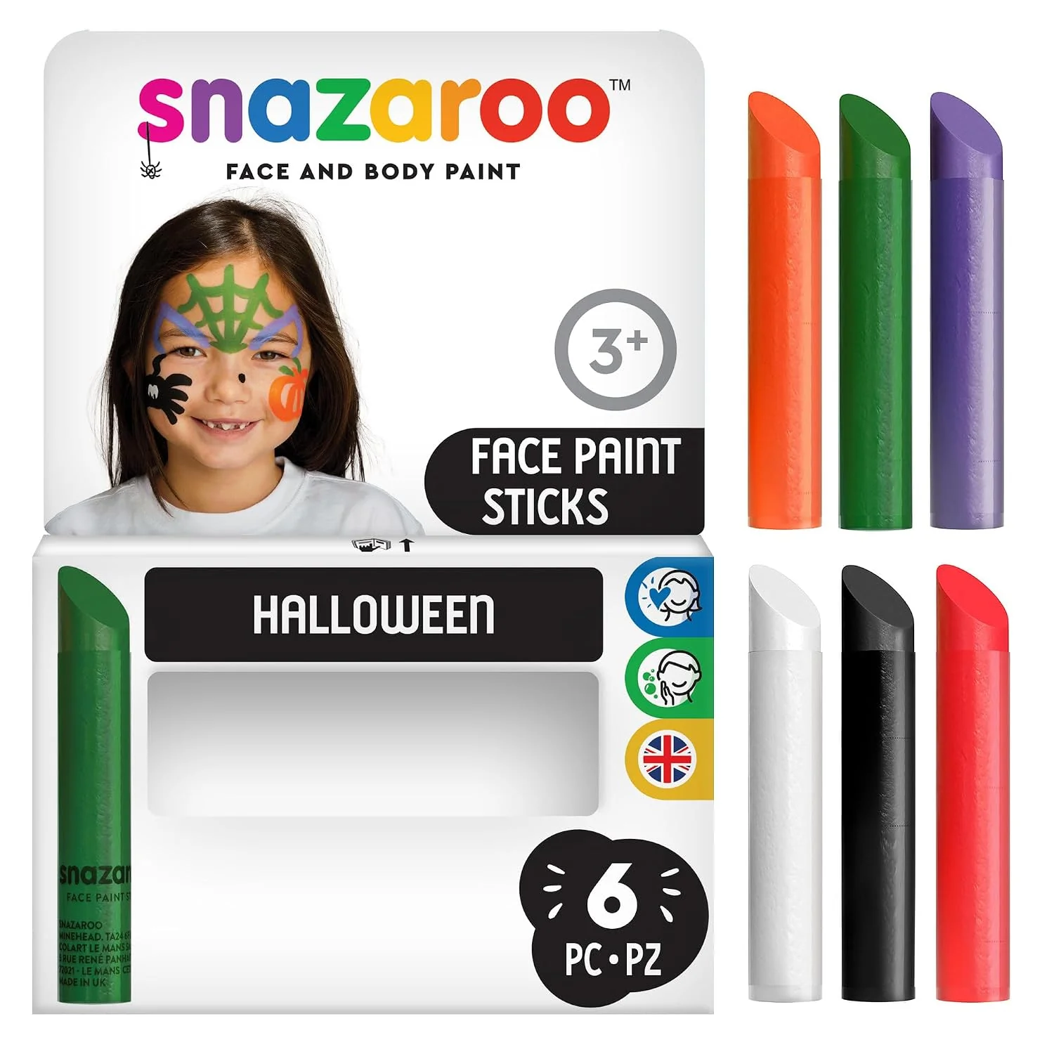 Snazaroo Halloween Face Paint Sticks, Set of 6, retail box showing all six colors