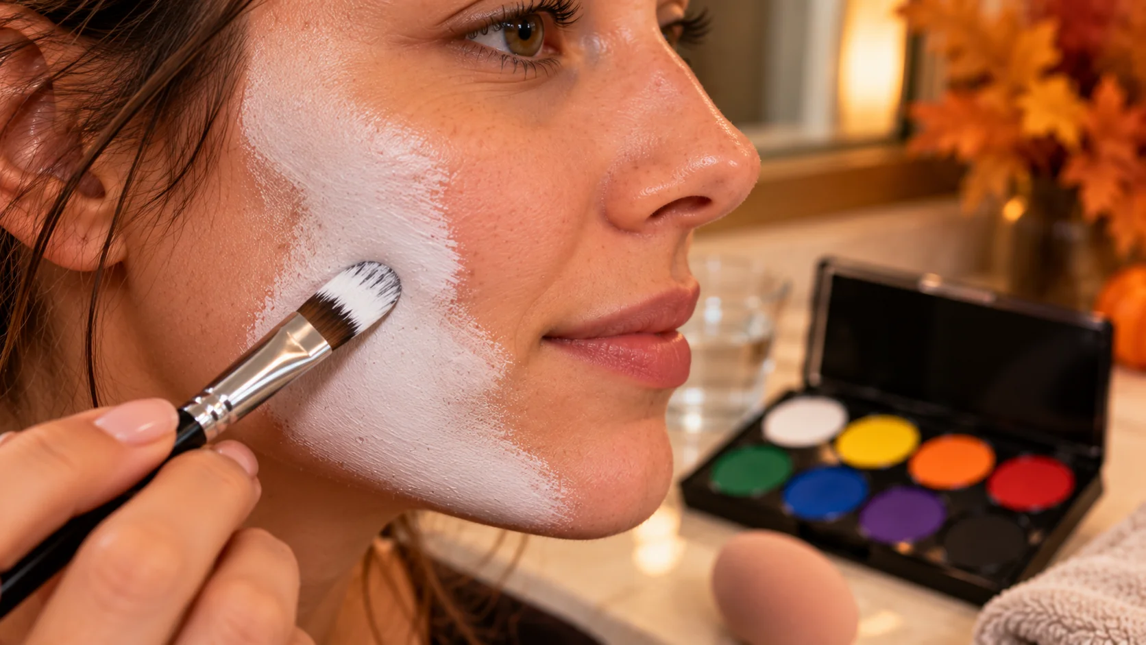 Brush applying a thin, even layer of face paint to build coverage gradually