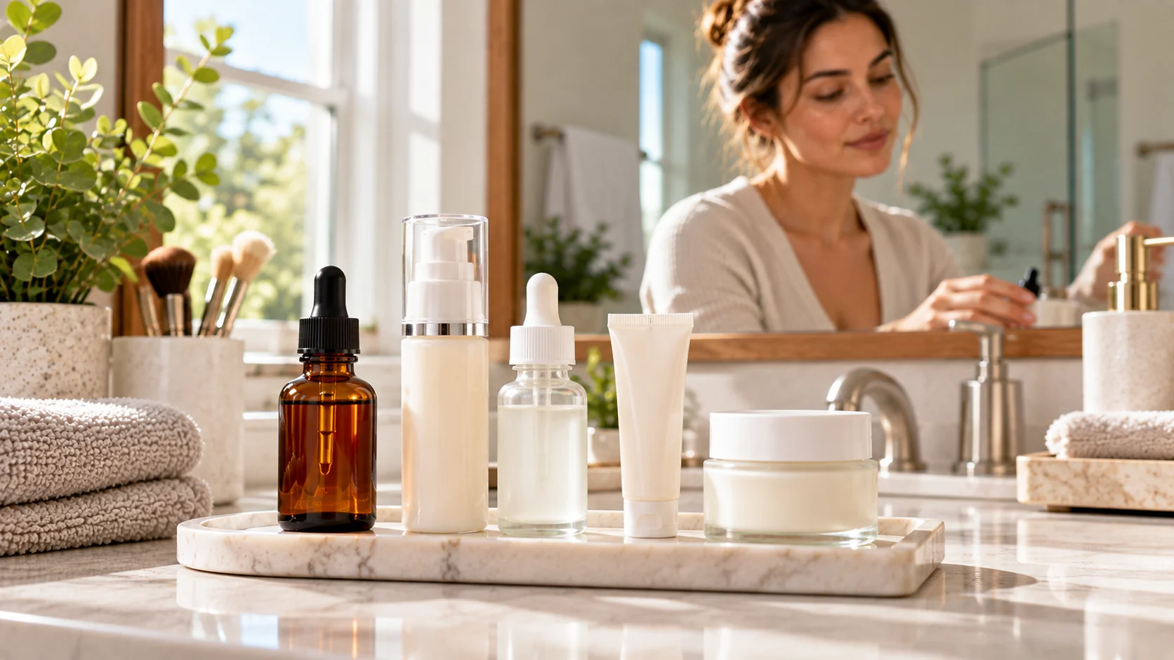 Vitamin C serum dropper bottle displayed on a bathroom tray alongside other skincare products