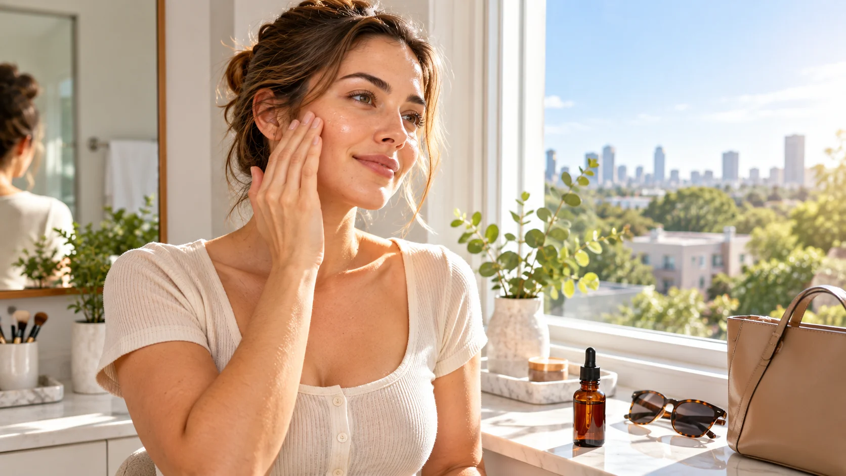Woman smiling by a sunlit window with sunglasses nearby, after her morning skincare routine